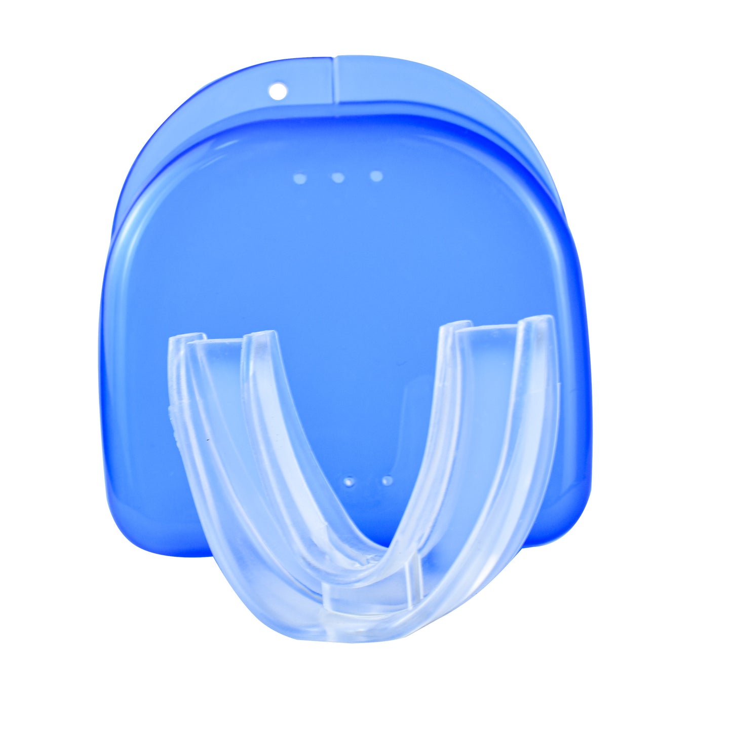 Athlete smiling with a Healthspace sports mouth guard in a transparent case