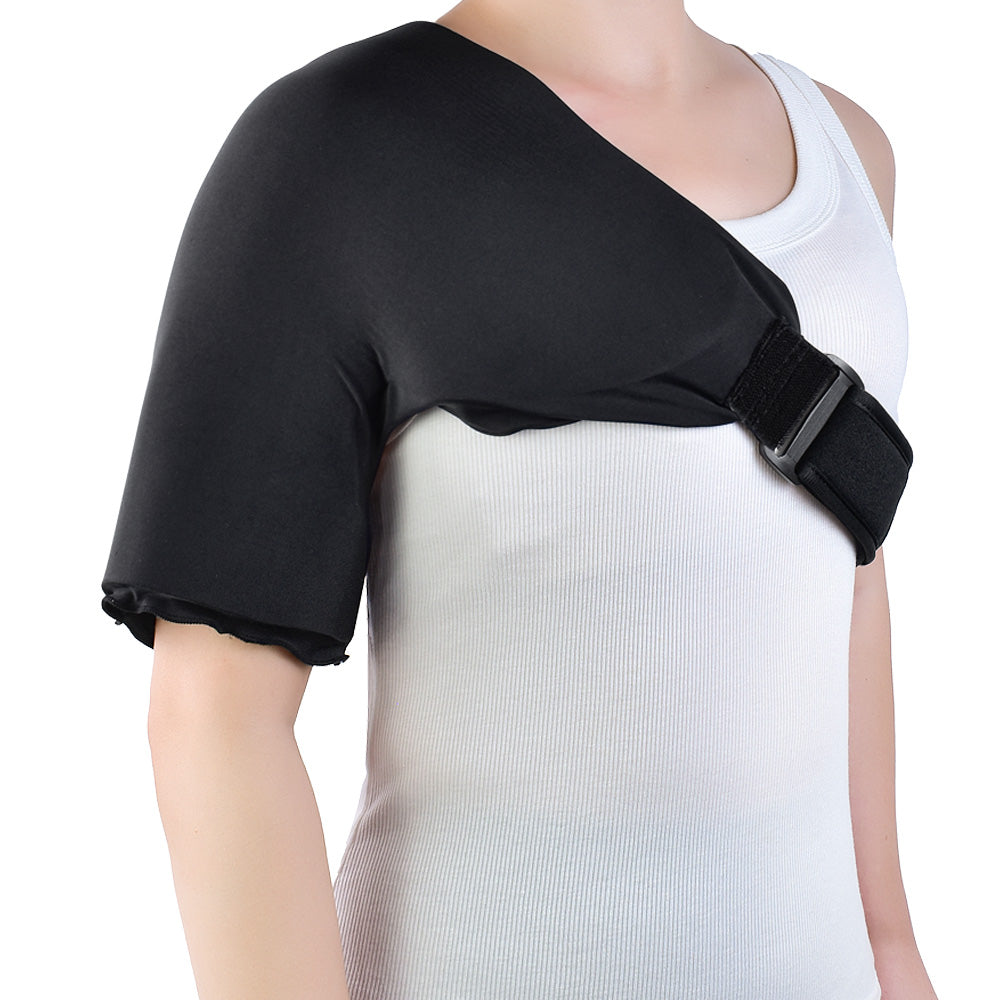 Person wearing the adjustable Healthspace gel pack on their shoulder for frozen shoulder relief