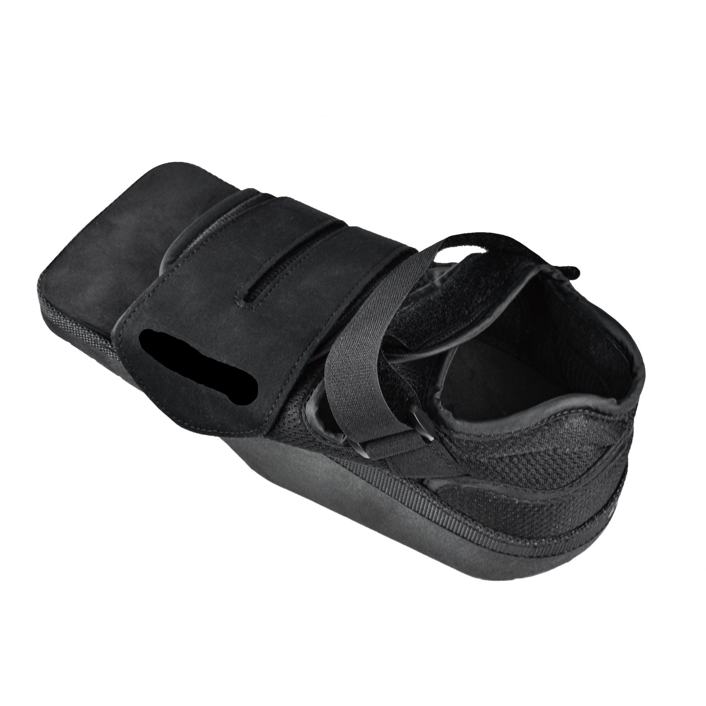 Person comfortably walking while wearing a black Healthspace fracture boot