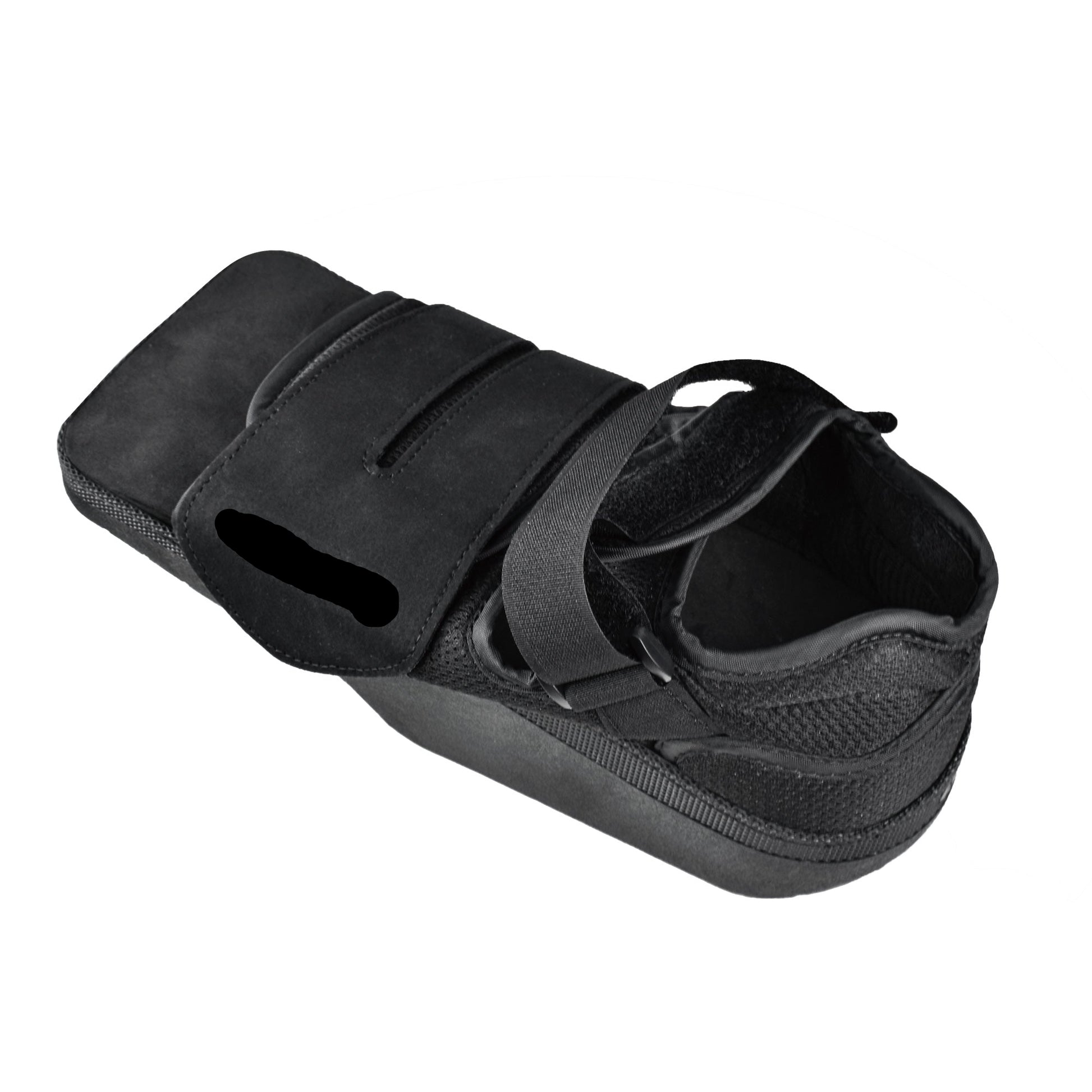 Person comfortably walking while wearing a black Healthspace fracture boot